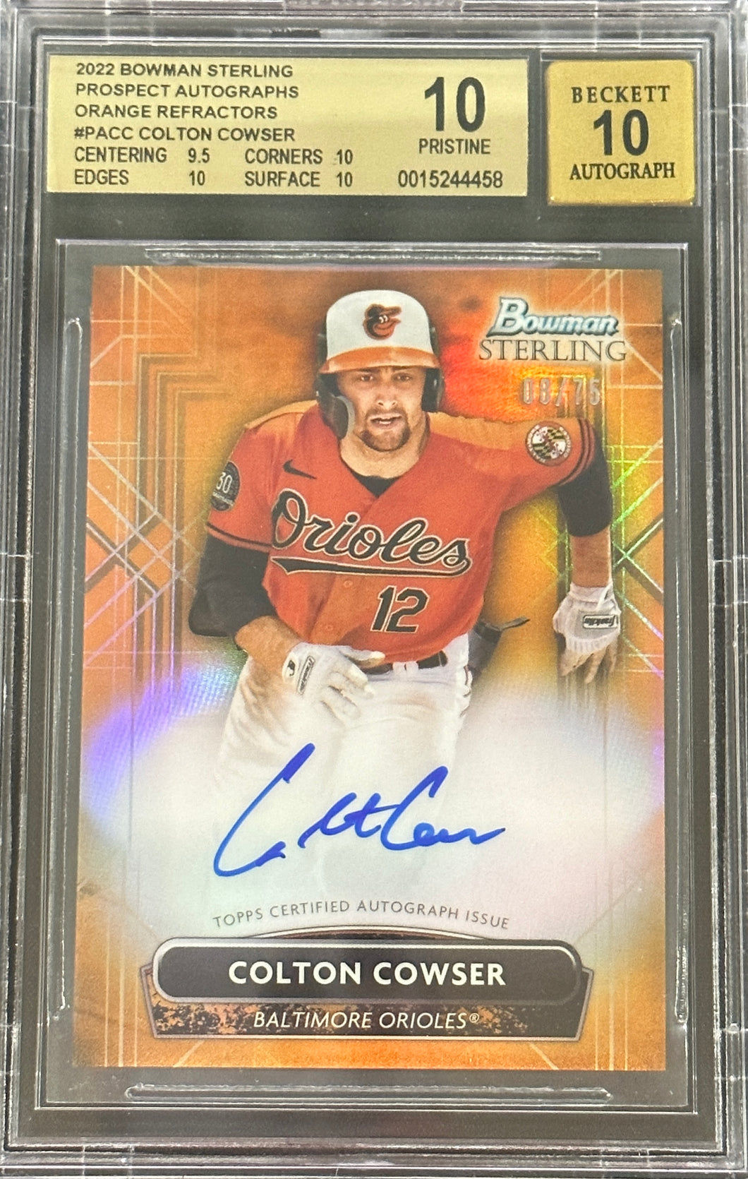 2022 Bowman Sterling Colton Cowser Orange Auto Beckett 10/10 Pristine /75