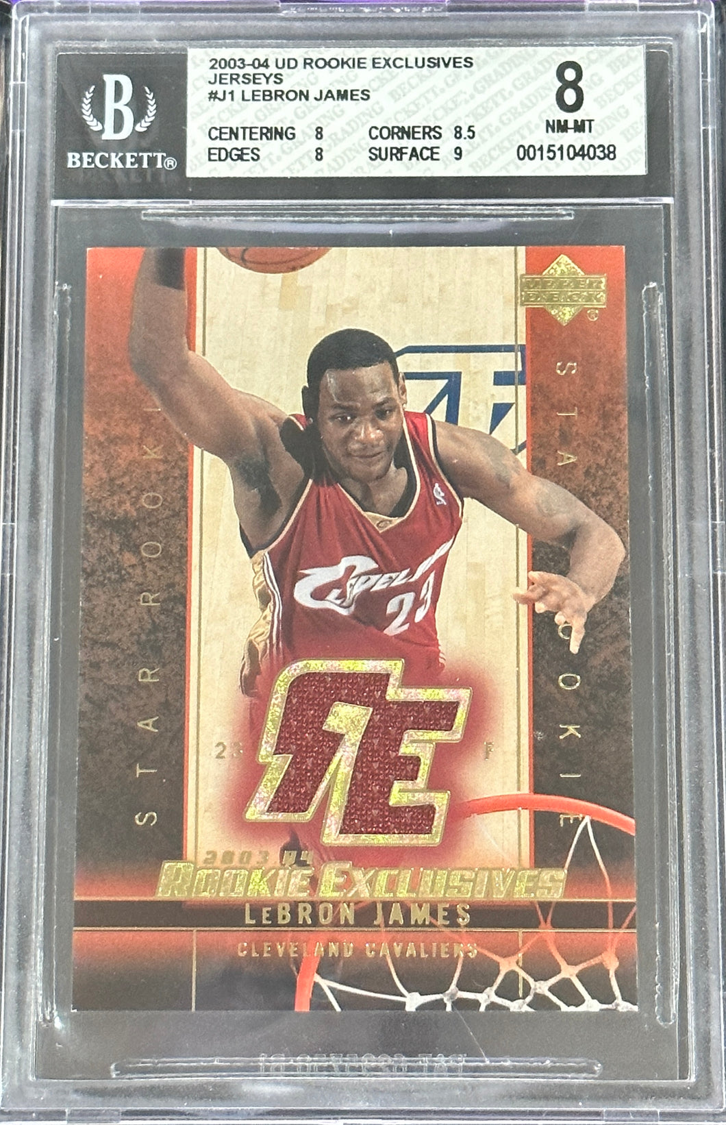 2003 Upper Deck LeBron James Rookie Exclusives Jerseys RC Beckett 8 NM-MT