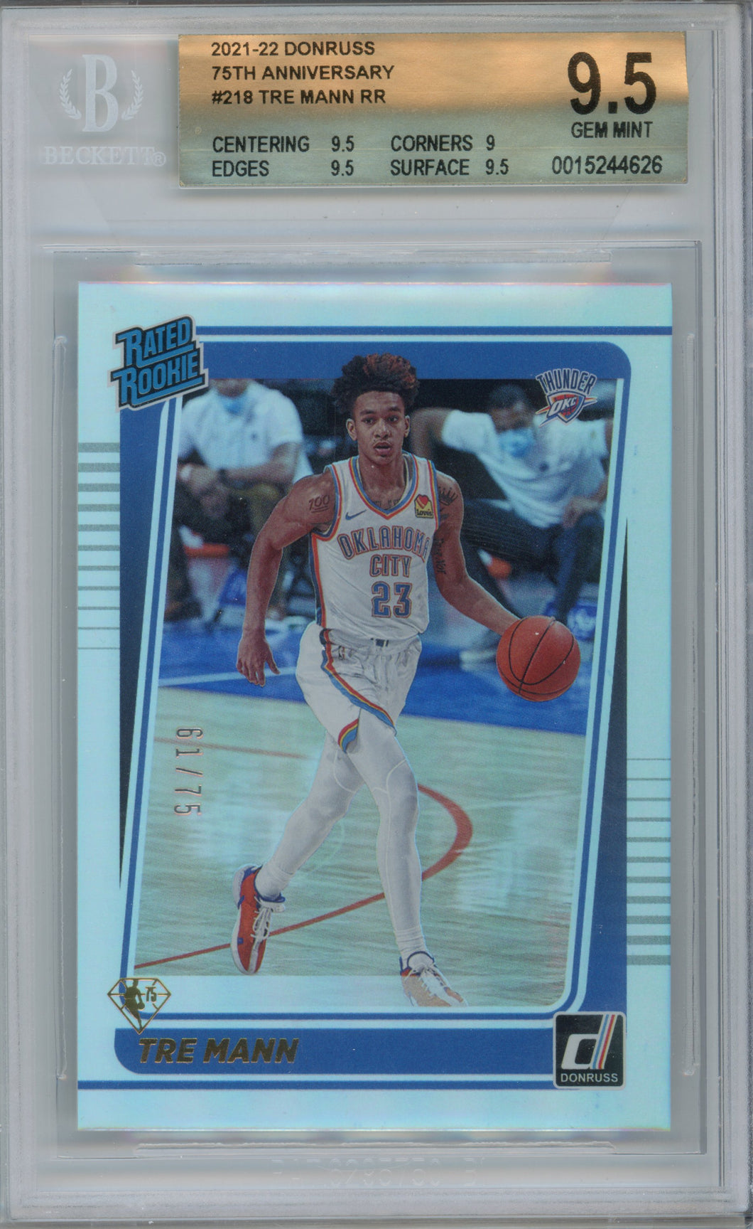 2021-22 Tre Mann Rated Rookie 75th Anniversary Thunder Beckett 9.5 /75 Gem Mint